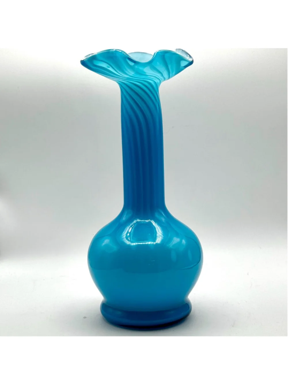 Hand Blown Glass Vase – Turquoise Aqua Spiral Optic Ruffled Rim 9”